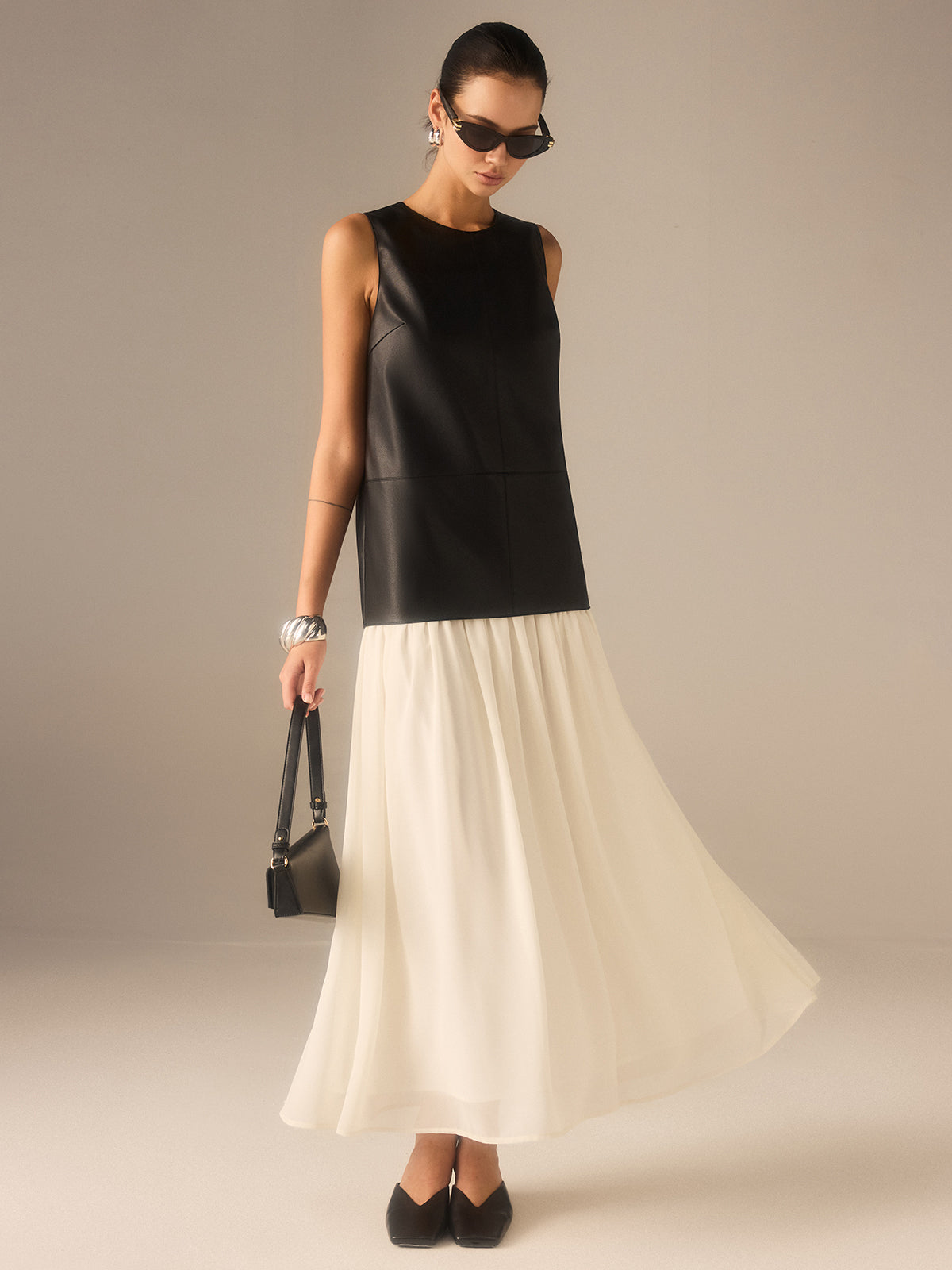Two-Tone Faux Leather Chiffon Pleated Dress