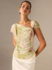 Print Asymmetric Neckline  Top
