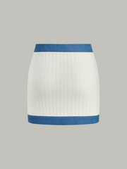 Denim-Trimmed Knit Mini Skirt with Metal Button