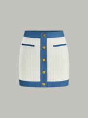 Denim-Trimmed Knit Mini Skirt with Metal Button