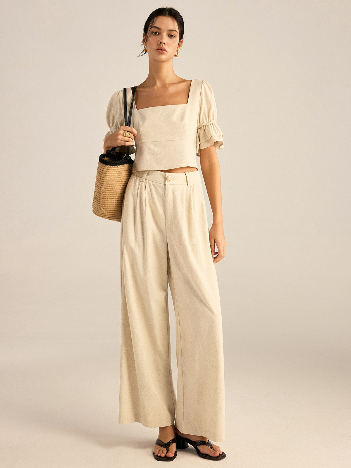 Cotton & Linen Puff-Sleeves Bow-Back Top and Pants Set