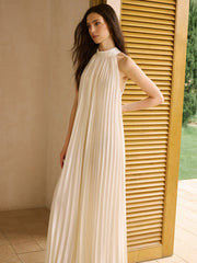 Satin High-Neck Pleated Maxi Dress