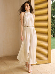 Satin High-Neck Pleated Maxi Dress