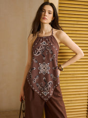 Boho Print Halter Neck Backless Top