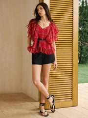 Printed Ruffled Peplum Top with Belt