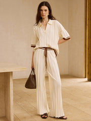 Contrast-Trimmed Polo Neck Top and Drawstring Straight-Leg Pants Set