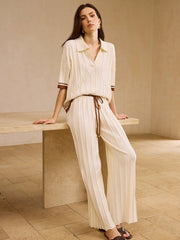 Contrast-Trimmed Polo Neck Top and Drawstring Straight-Leg Pants Set