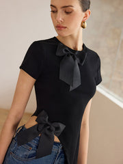 3D Bow-Detailed Top with Asymmetric Hem
