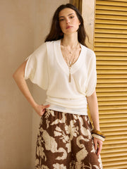 V-Neck Waist-Cinching Knit Top