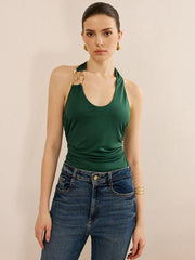 Metal Detailed Halter Neck Backless Top