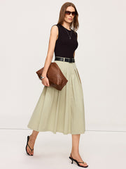 Belted Pleated Two-Tone Midi Dresses