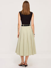 Belted Pleated Two-Tone Midi Dresses