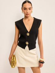 Metal Button V-Neck Knit Vest