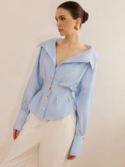 Striped Collared Shirt with Waist-Cinching Design