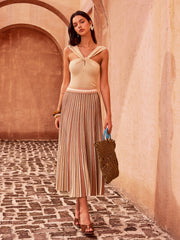 Color-Block Striped Pleated Midi Skirt