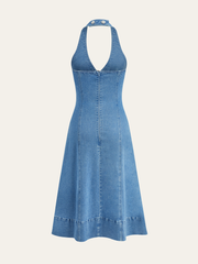 Semi-Sheer Halter Neck Cut-Out Denim Dress
