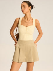 Cotton Blend Mid-Waist Pleated Shorts