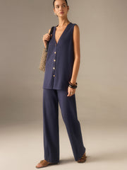 Golden Button Knit Vest Pants Set