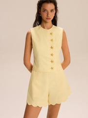 Shorts Set With Decor Button and Scallop Hem