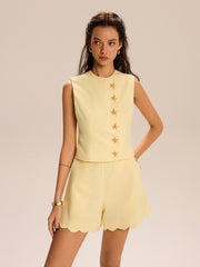 Shorts Set With Decor Button and Scallop Hem