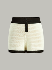 Contrast Trim Button-Front Knitted Shorts