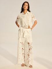 Lace Crochet Cut-Out Top and Wide-Leg Pants Set