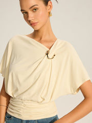 Asymmetrical Ruched Draped Top with Metal Ring Detail