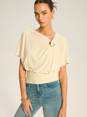 Asymmetrical Ruched Draped Top with Metal Ring Detail