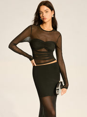 Semi-Sheer Mesh Ruched Long-Sleeve T-Shirt