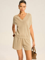Semi-Sheer V-Neck Top and Drawstring Shorts Set
