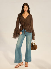 Semi-Sheer Chiffon Tiered Flared Sleeve Shirt
