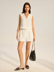 V-Neck Pocketed Top and Pleated Shorts Set