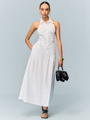 Pocketed Halter Neck Embroidered Dress with Non-Belted