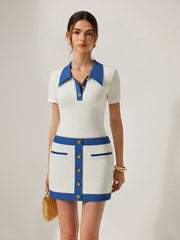 Denim-Trimmed Knit Mini Skirt with Metal Button