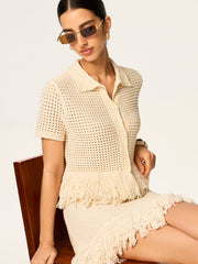 Fringed Mesh-Knit Polo Short Sleeve Top