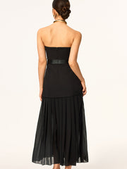 Semi-Sheer Strapless Belted Midi Dress with Chiffon Hem