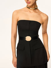 Semi-Sheer Strapless Belted Midi Dress with Chiffon Hem