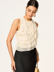 Semi-Sheer Ruffled Sleeveless Chiffon Top