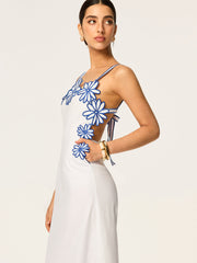 Semi-Sheer Floral Embroidery Back Bow Maxi Dress