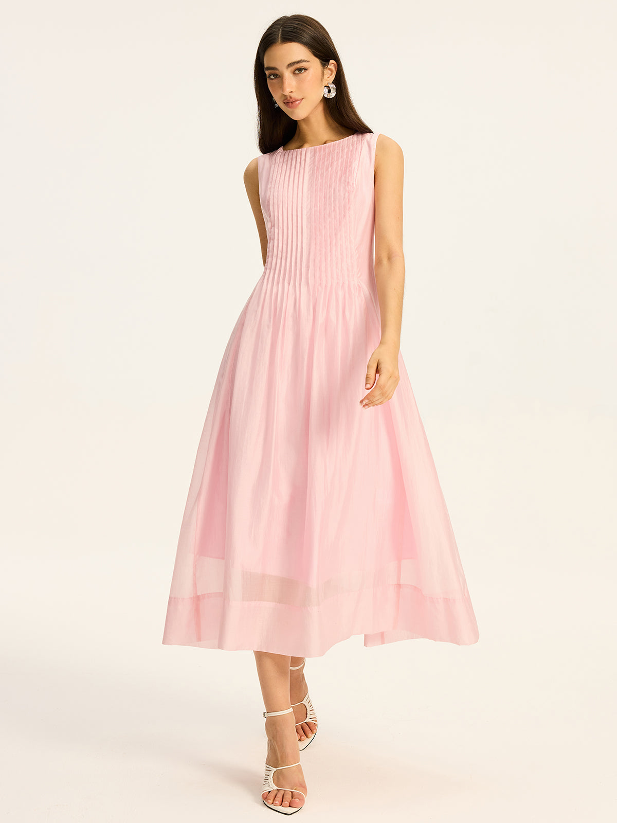 Semi-Sheer Tencel Pleated Sleeveless Midi Dress