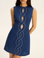 Linen & Cotton Cut-Out Contrast-Stitch Mini Dress