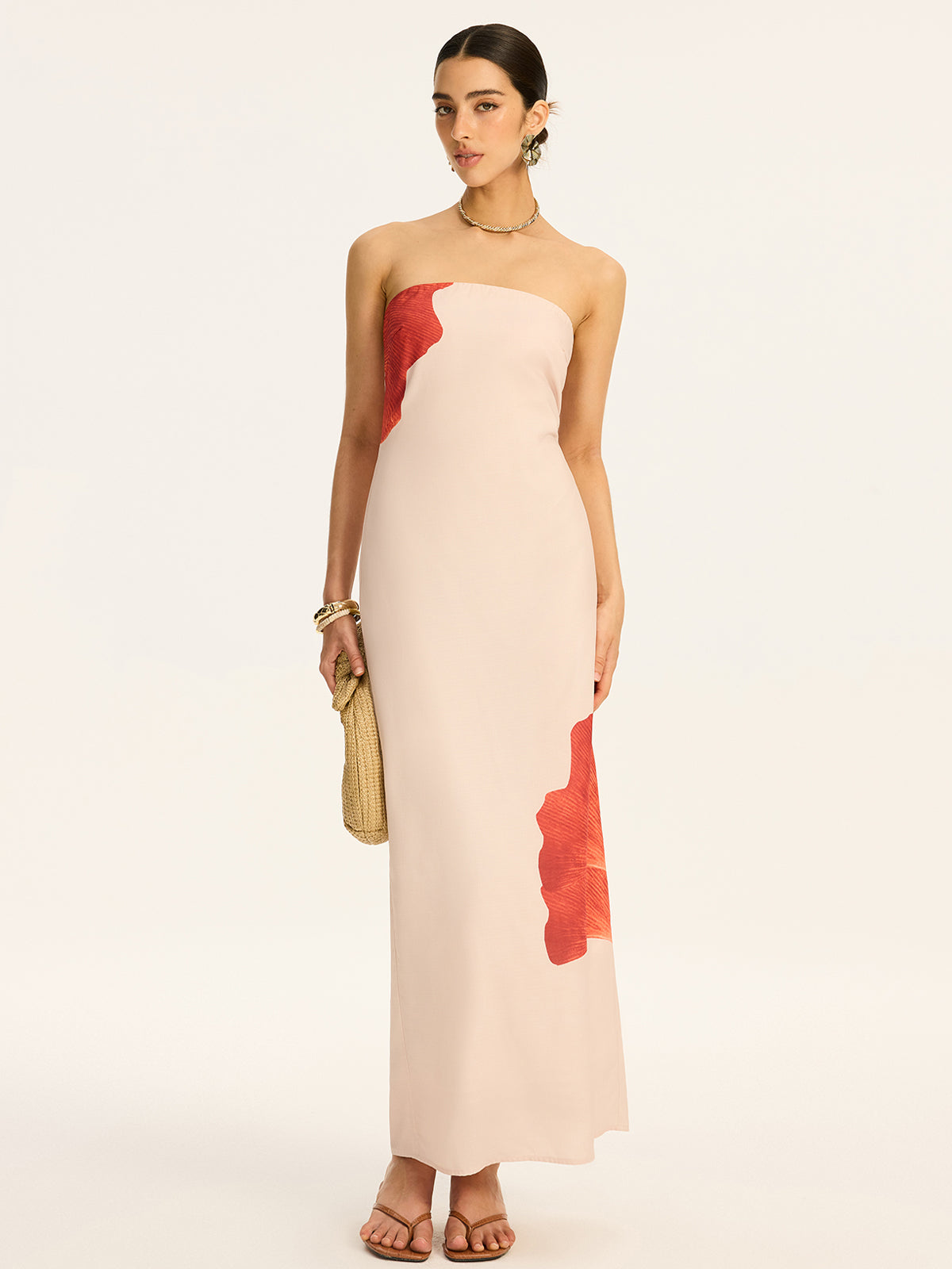 Strapless Printed Maxi Dress with Back Bow and Slit
