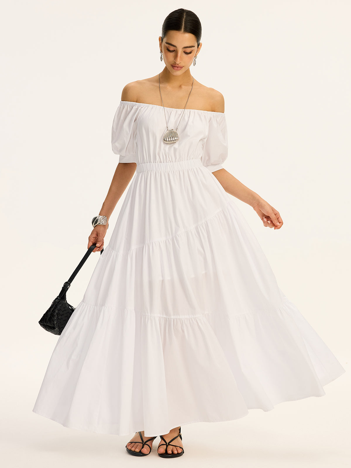 Cotton Off-Shoulder Short-Sleeve Maxi Dress
