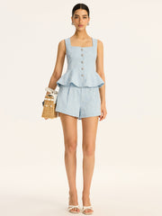 Textured Fabric Metal Button Peplum Vest