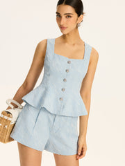 Textured Fabric Metal Button Peplum Vest