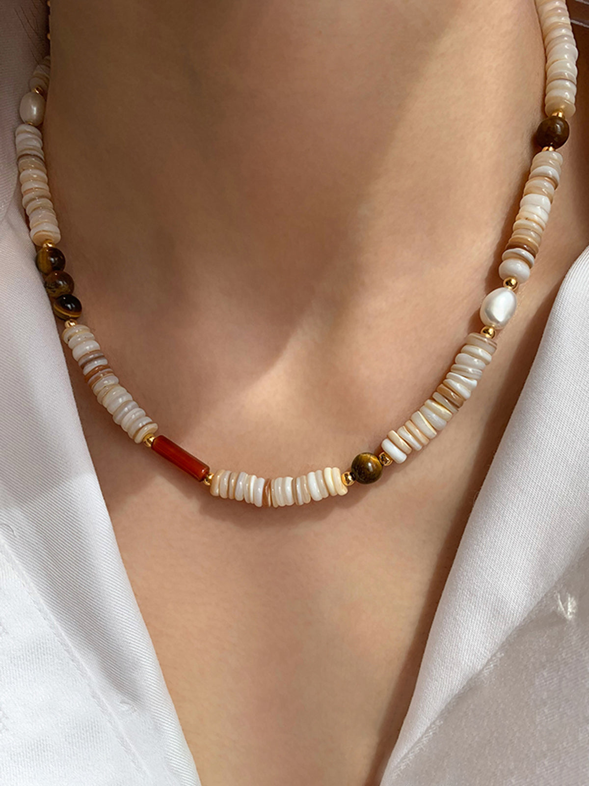 Tiger Eye and Shell Beaded Necklace