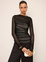 Sheer Mesh Ruched Long-Sleeve Top