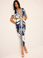 Printed Deep V-Neck Midi Dress Without Belt