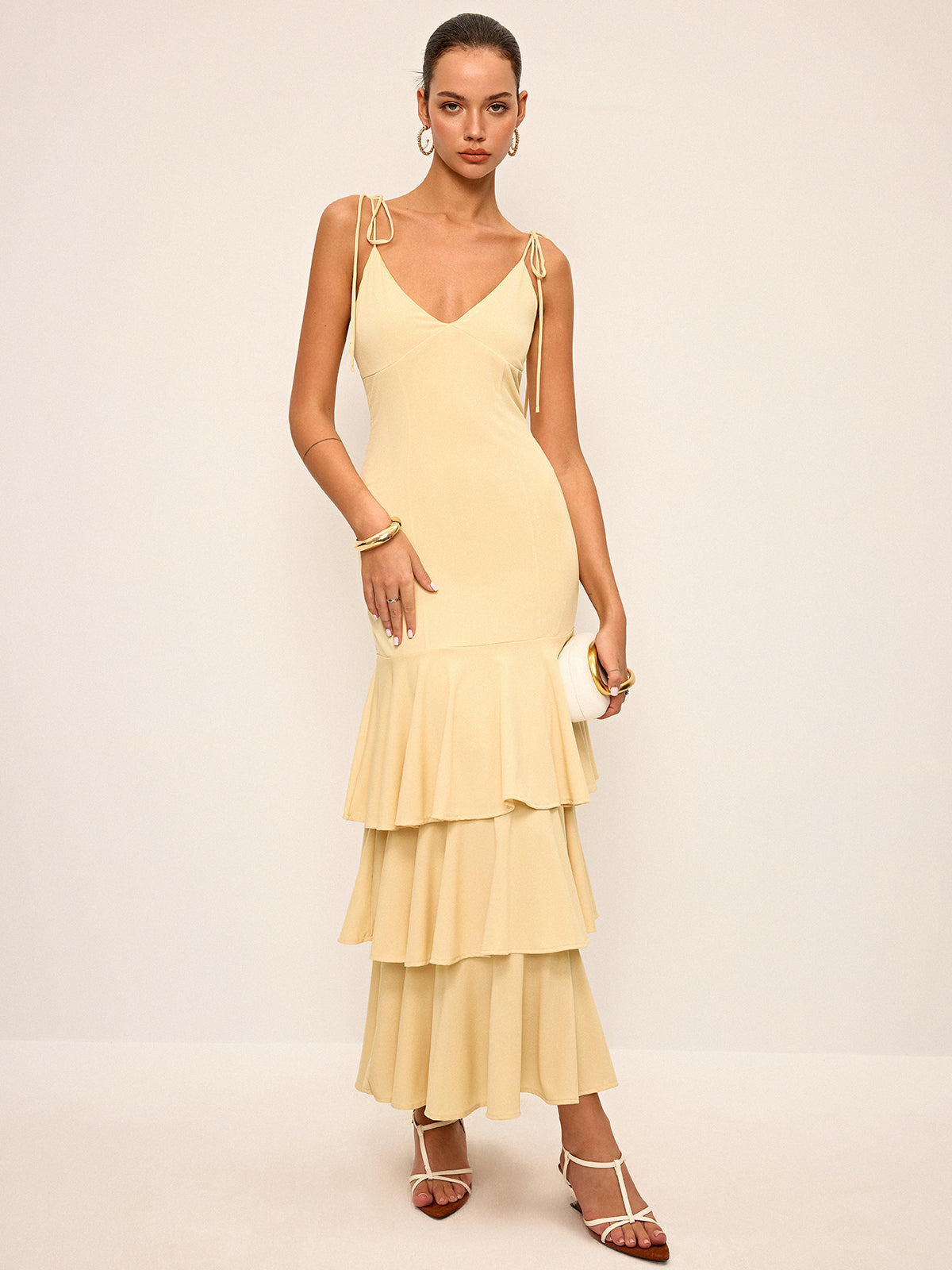 Tie-Strap Shoulder Tiered Maxi Dress