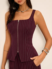 Pinstripe Zipper Vest with Slit